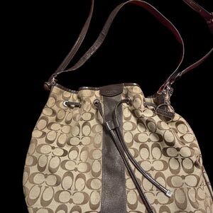 Coach Signature Stripe Drawstring Shoulder/Crossbody F30581 Khaki  2 Hang Tags